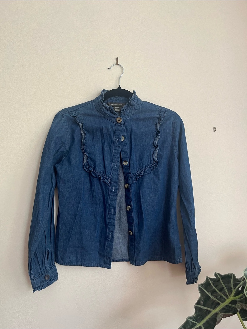 French Connection Blue Ruffle-Trim Button-Up Blouse